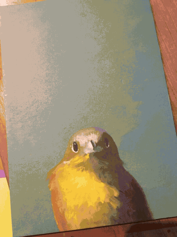 a blue notebook with a yellow bird peeking out from the bottom of the cover